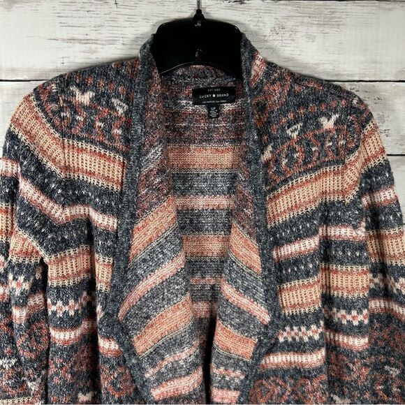 Lucky Brand Reversible Jacquard Open Front Navy Blue Peach Long Cardigan Small - Picture 5 of 9